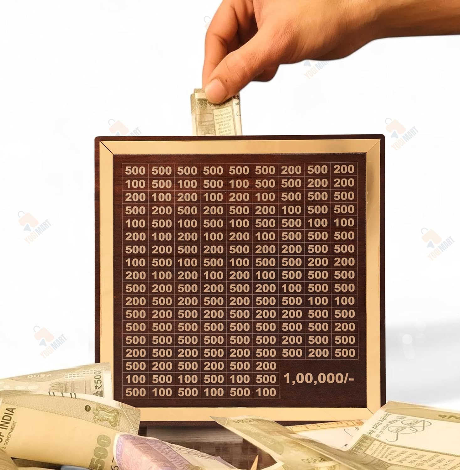 Wooden Money Savings Box, 100000 Rupees Challenge Bank with Gold Frame, Carved Design