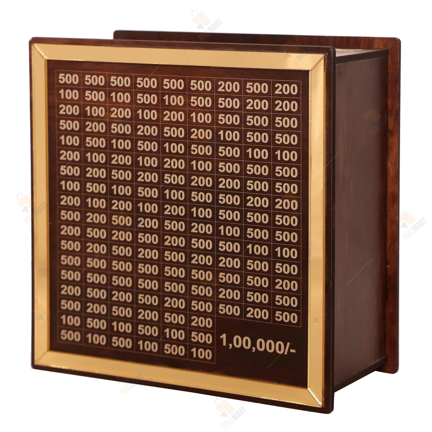 Wooden Money Savings Box, 100000 Rupees Challenge Bank with Gold Frame, Carved Design